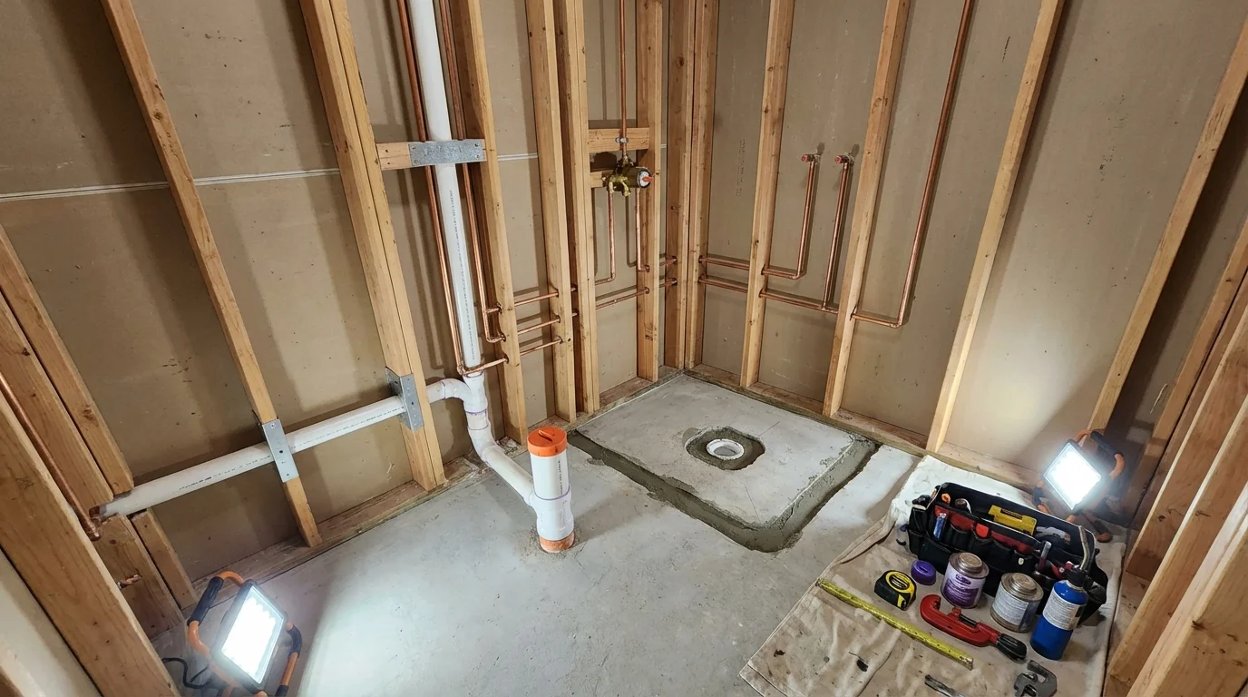 Bathroom rough-in plumbing during remodel by Johns Plumbing LLC in Crozet
