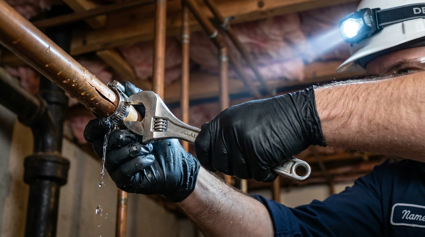 Emergency pipe clamp repair being performed by a Johns Plumbing LLC plumber in Crozet