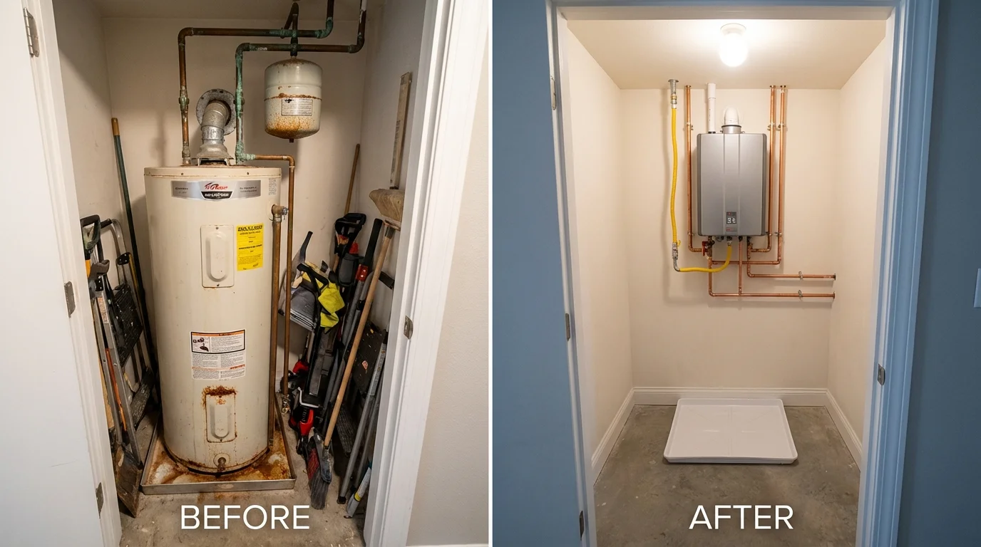 Tank water heater versus wall-mounted tankless unit comparison for Crozet, VA homeowners