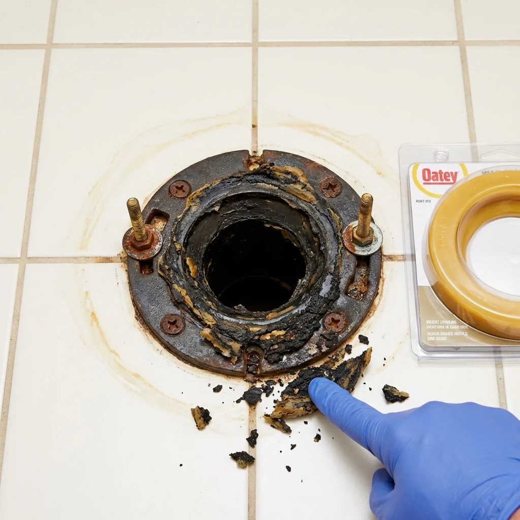 Failed wax ring showing water seepage at the base of a toilet in a Crozet, VA home