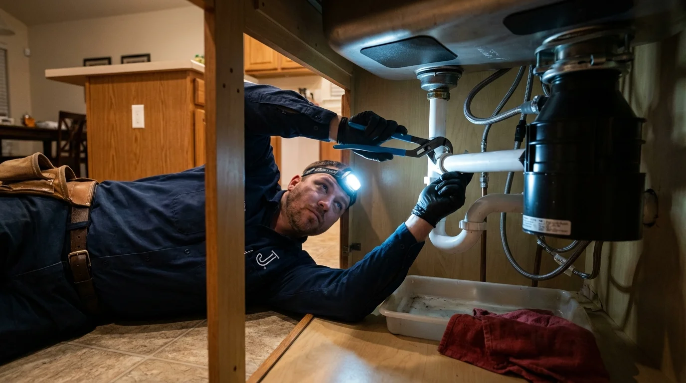 P-trap and supply line connections under a kitchen sink showing a common leak point in Crozet, VA